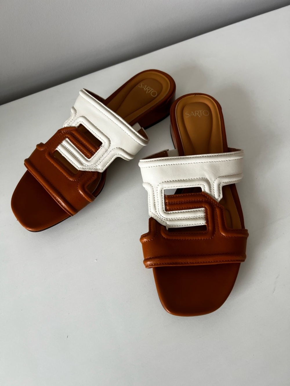 Franco Sarto White and Brown Leather Slide Mules